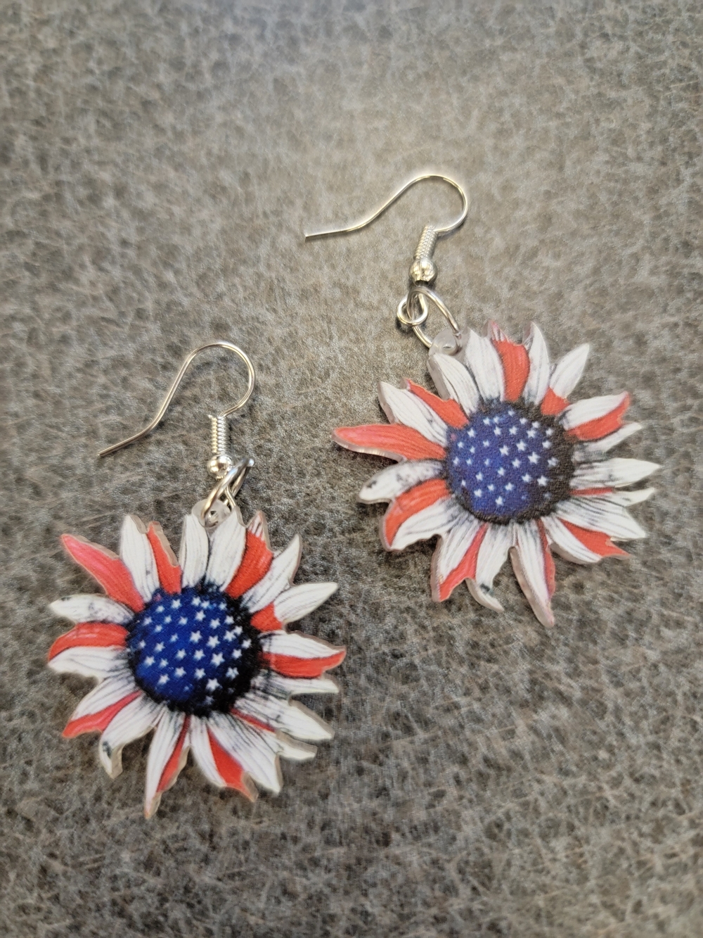 Patriotic Sunflower Dangle Earrings - Red, White & Blue
